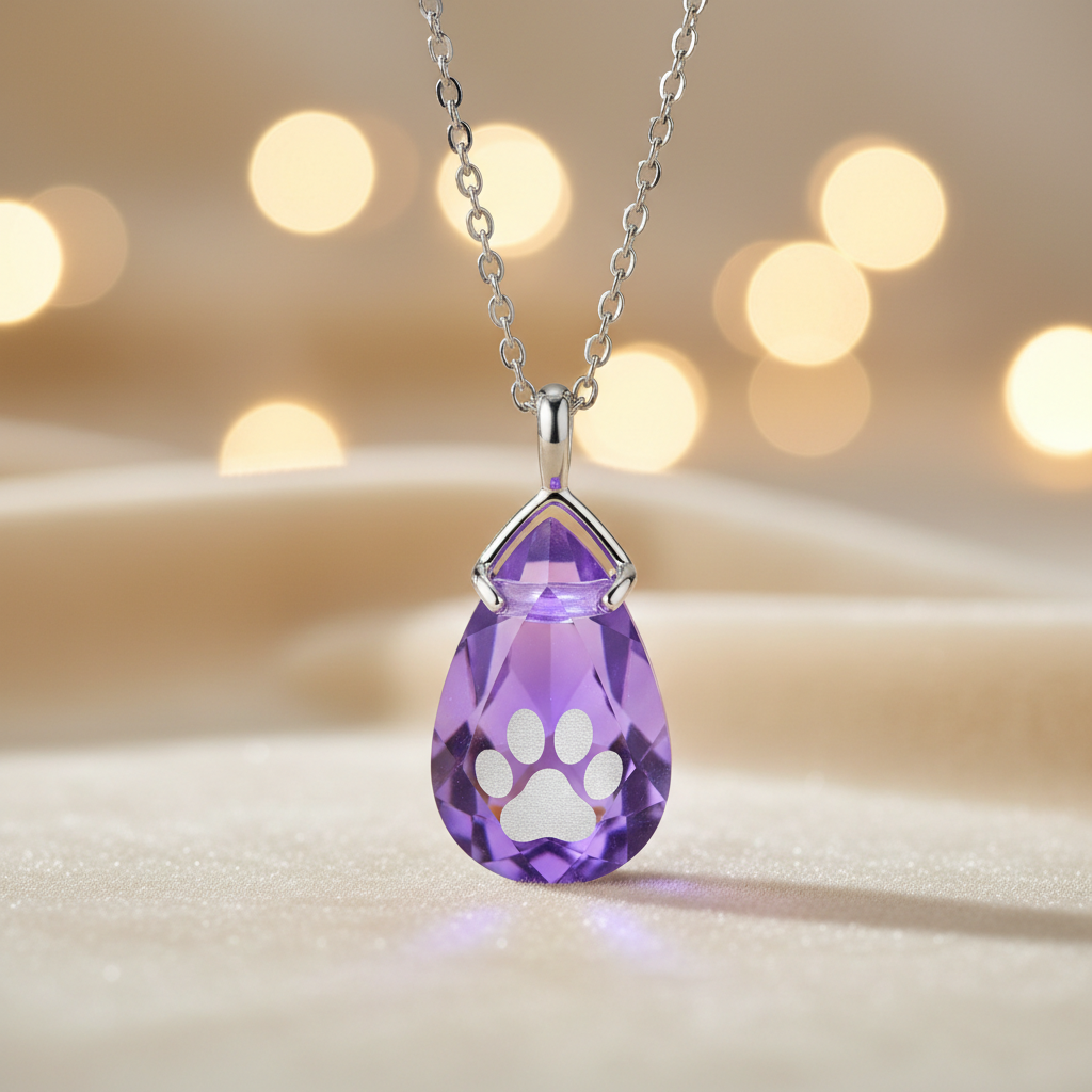 Luna Crystal Memory Necklace with amethyst pendant and paw print engraving